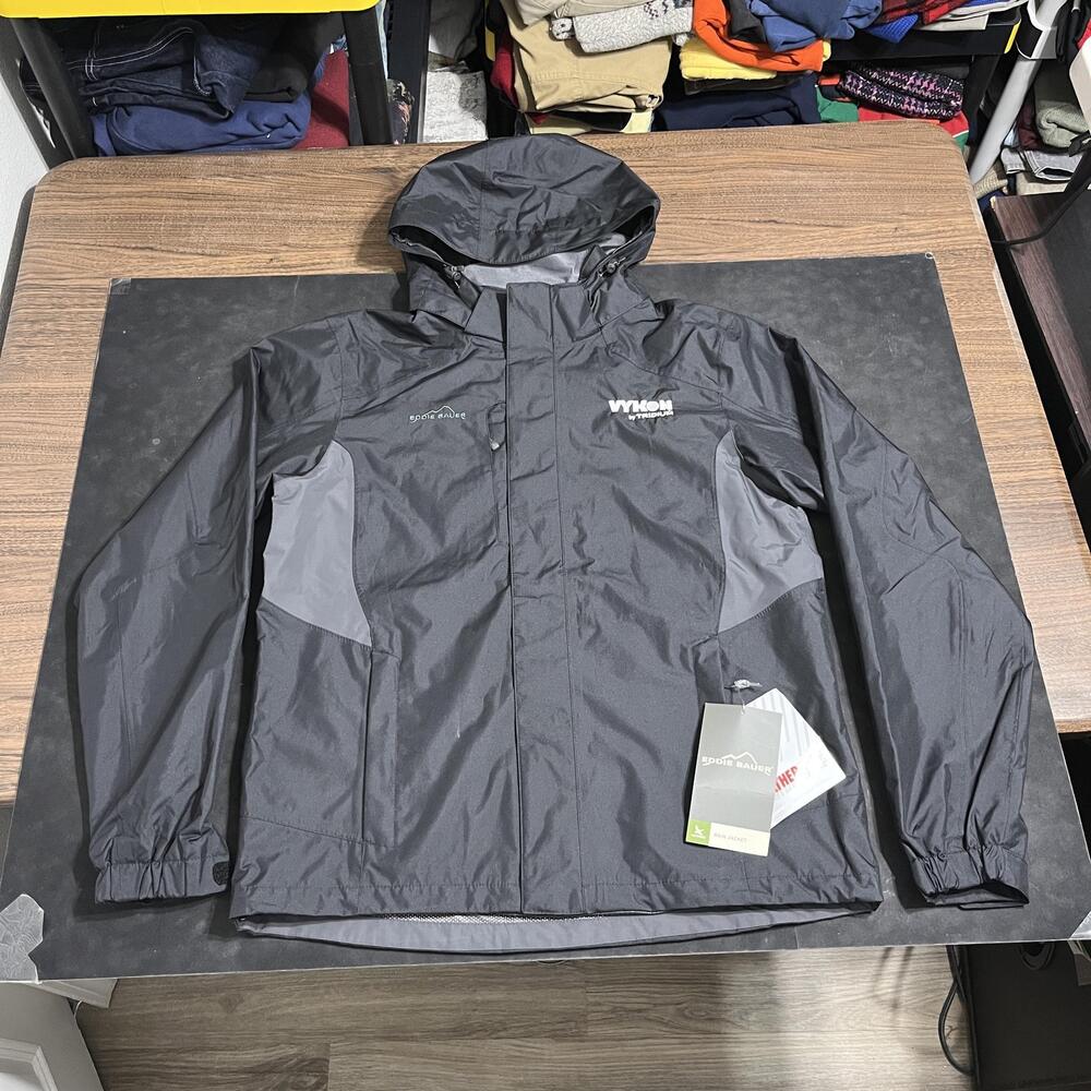 Eddie Bauer Rain Jacket Mens Large Gray WeatherEdge Hooded Waterproof Outdoor